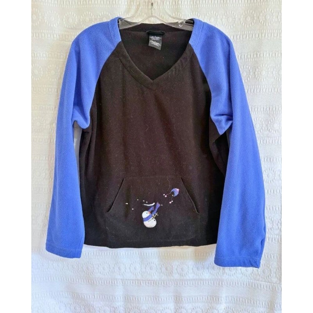 Vintage Snowman Fleece Pullover L Y2K Ugly Christmas Sweater Black Colorblock